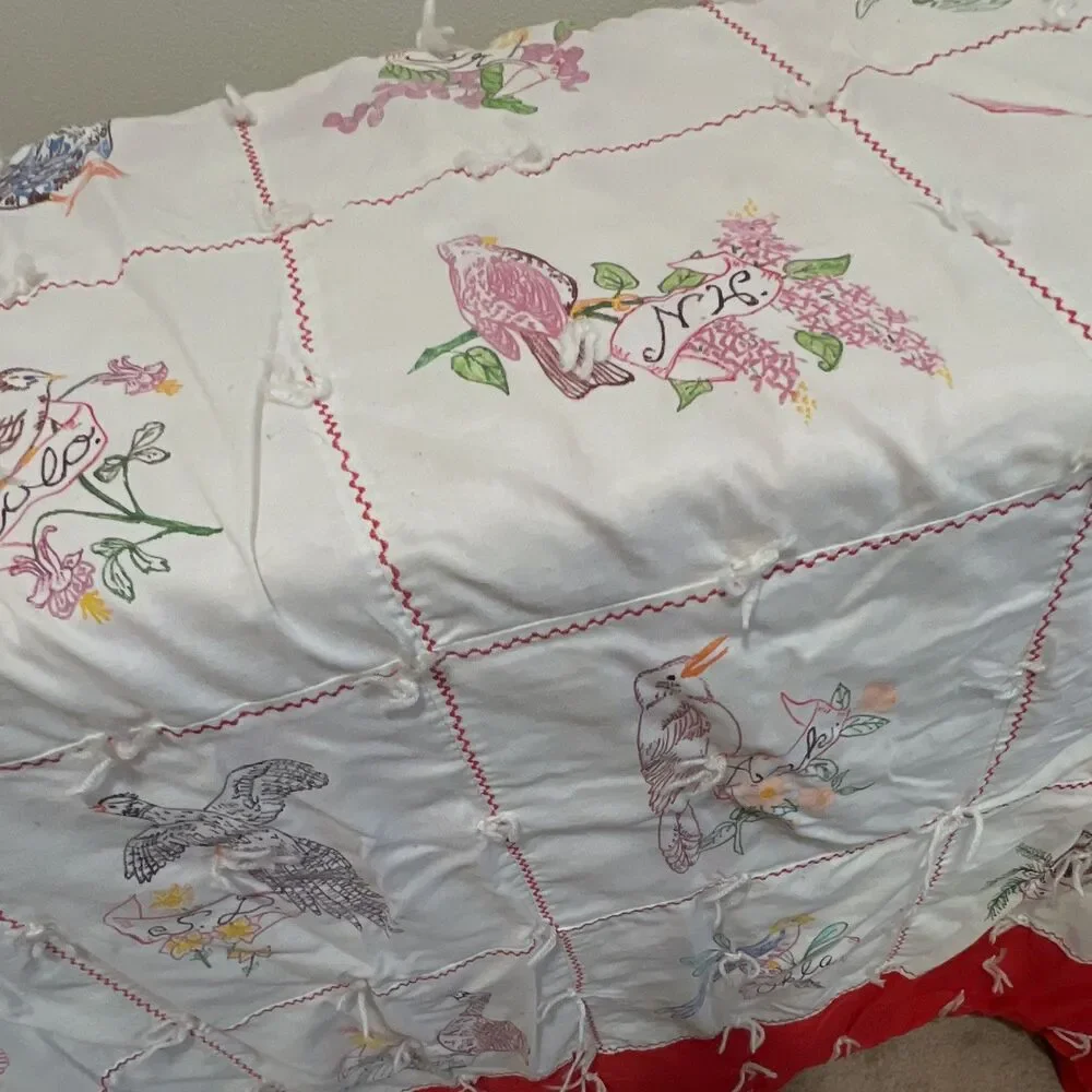 VTG Quilt White Red Multicolor Patchwork Floral Birds State Flowers Rectangular